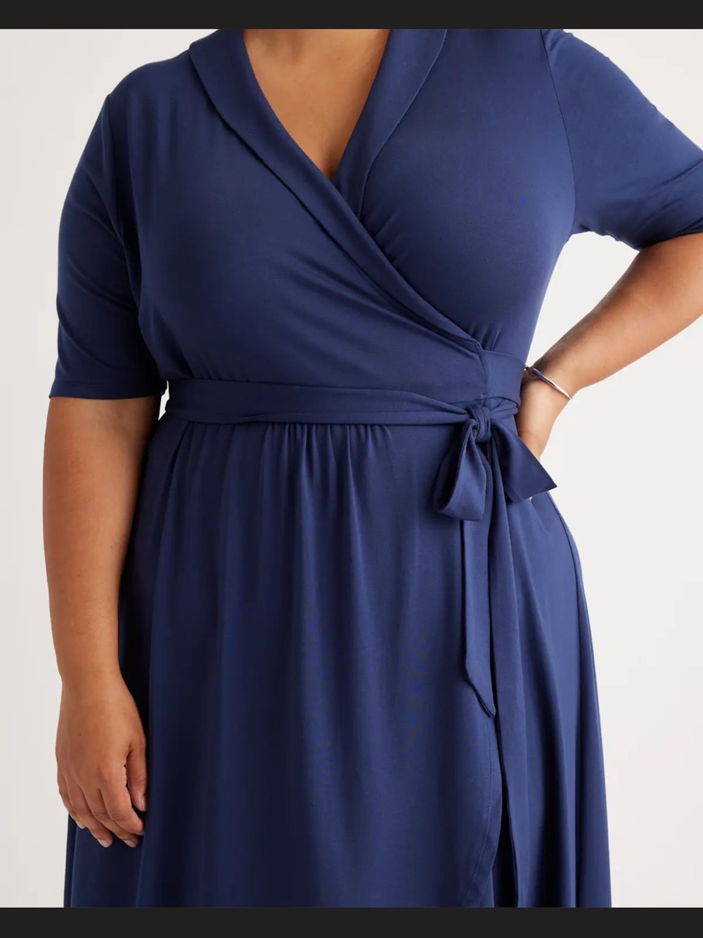 Quince Deep Navy Wrap High-Low Midi Dress with Tie Waist - Picture 2 of 7